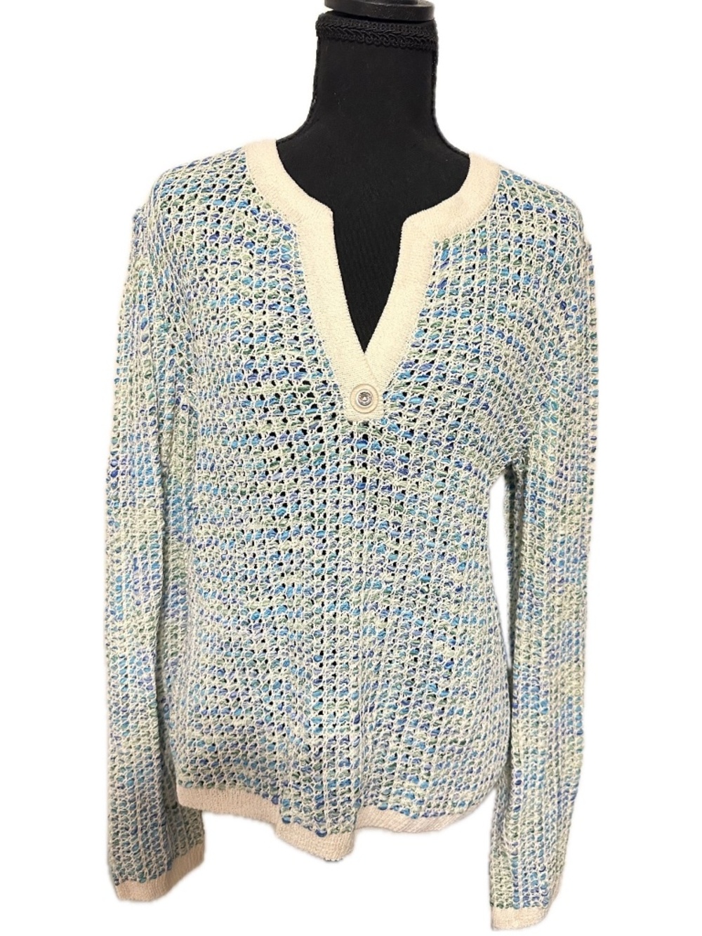 St. John Sport Blue Green Open Knit Ribbon Sweater Medium